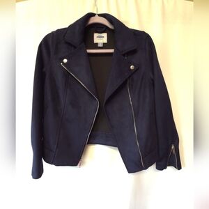 Navy Suede Jacket with Silver Zipper